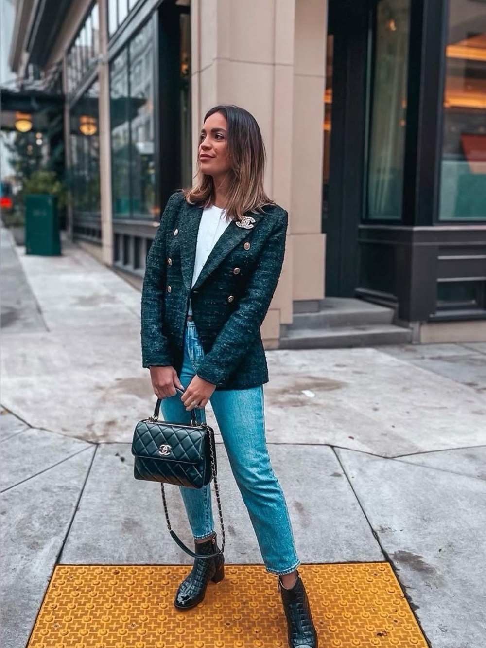 Luxelim Black Tweed Double-Breasted Blazer Jacket